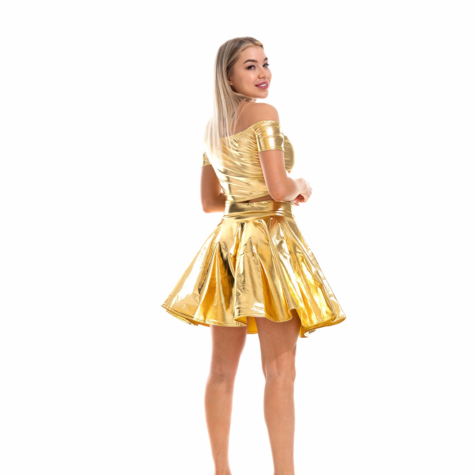 Metallic Skirt Set Girly Holographic Rave Outfits Two Piece Off Shoulder Crop Top and Mini Skirt