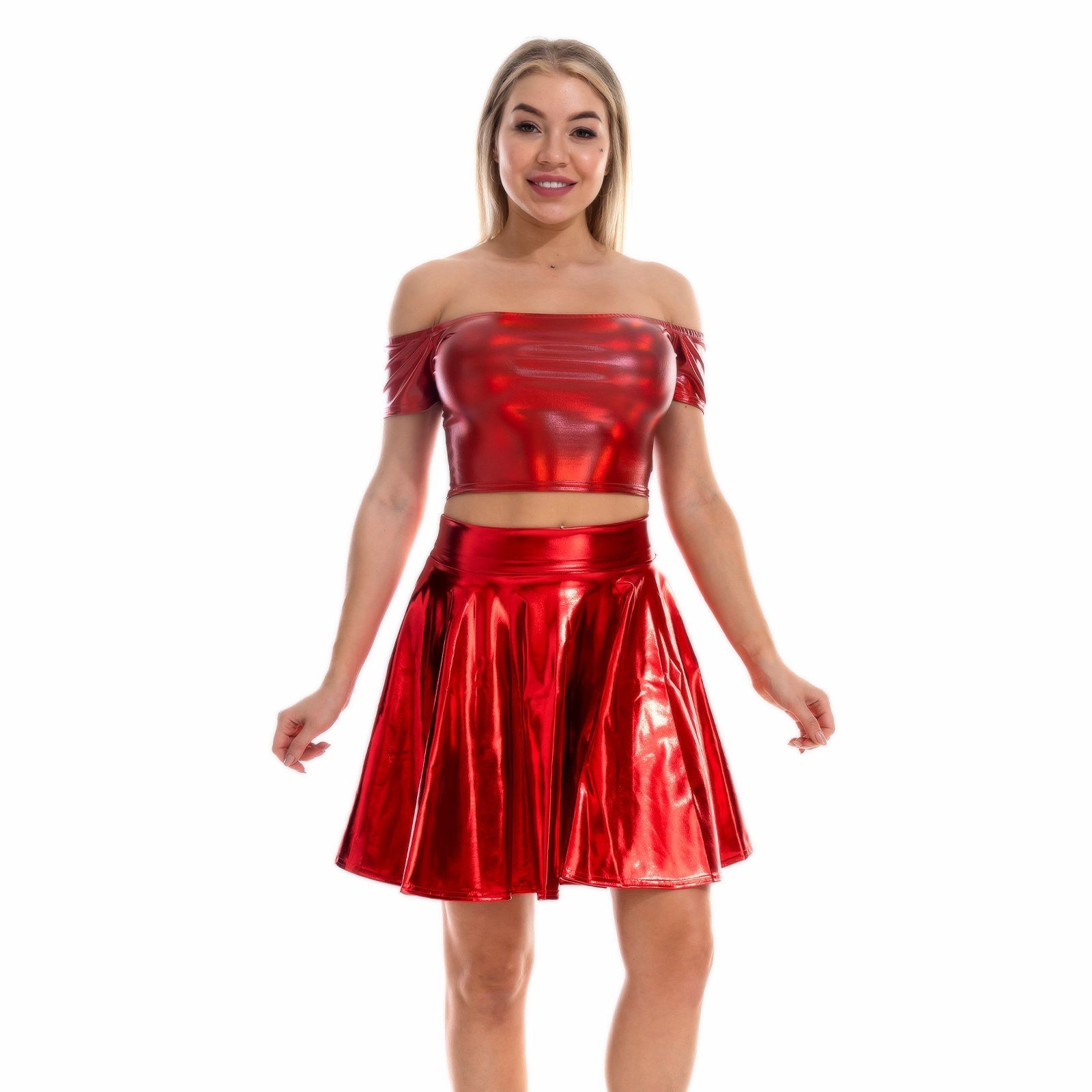 Metallic Skirt Set Girly Holographic Rave Outfits Two Piece Off Shoulder Crop Top and Mini Skirt