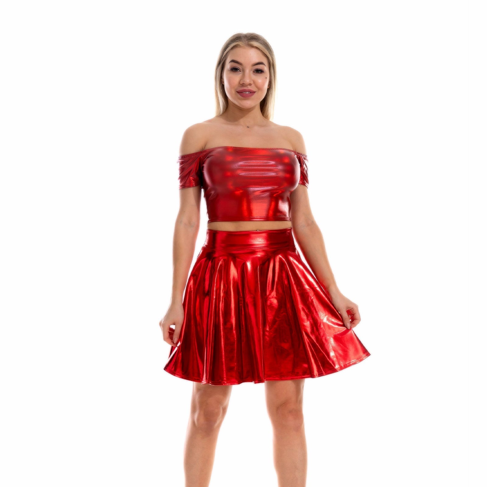 Metallic Skirt Set Girly Holographic Rave Outfits Two Piece Off Shoulder Crop Top and Mini Skirt