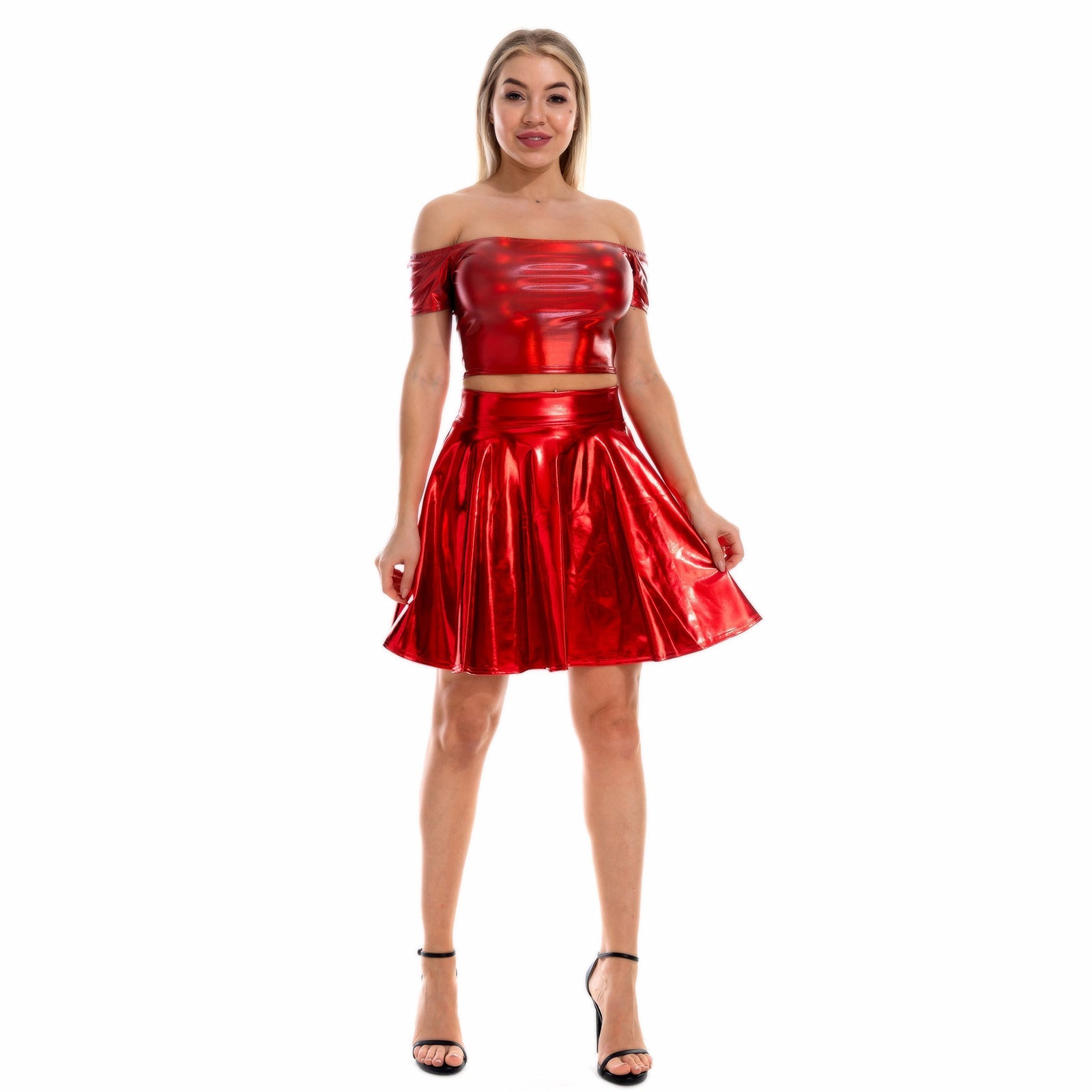 Metallic Skirt Set Girly Holographic Rave Outfits Two Piece Off Shoulder Crop Top and Mini Skirt