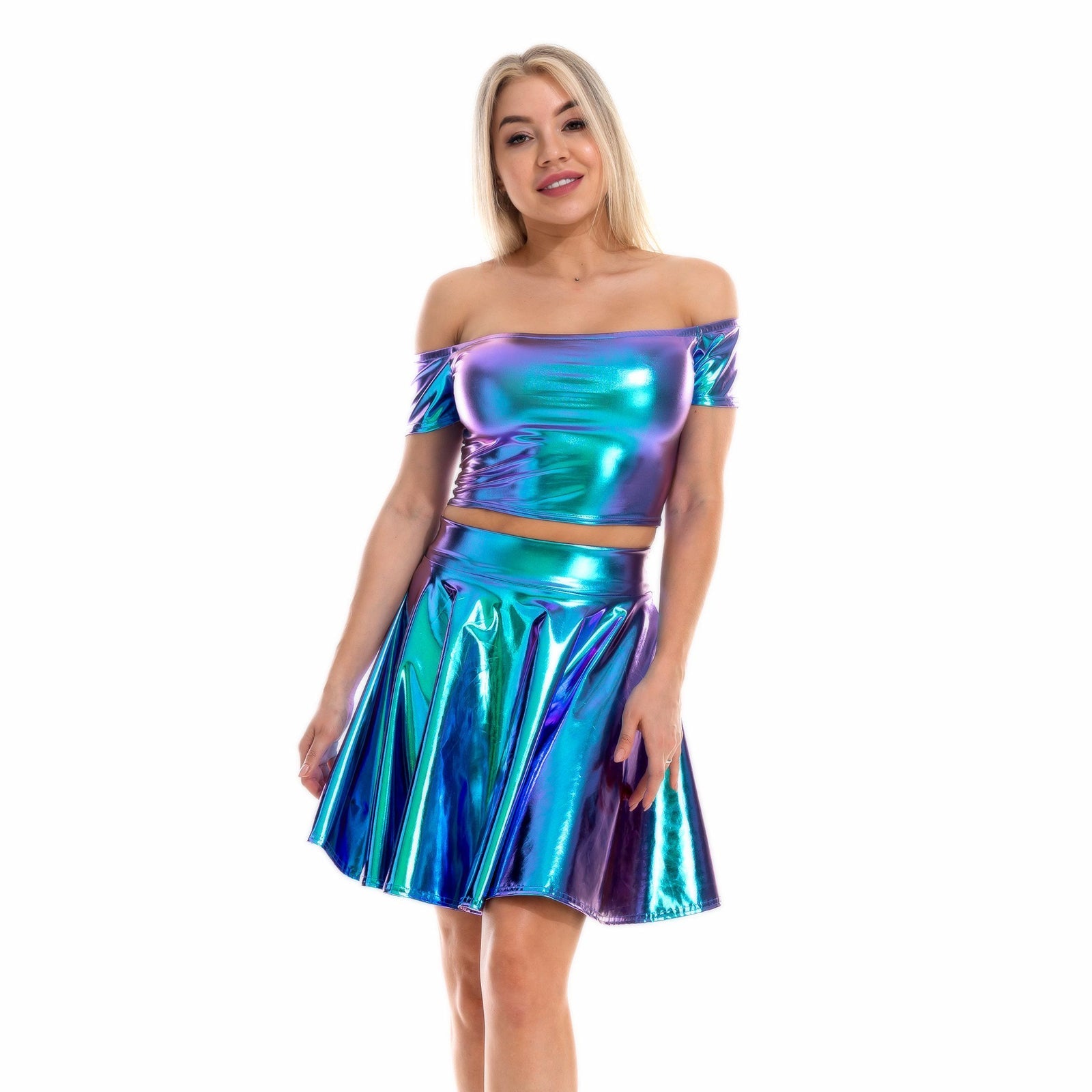 Metallic Skirt Set Girly Holographic Rave Outfits Two Piece Off Shoulder Crop Top and Mini Skirt