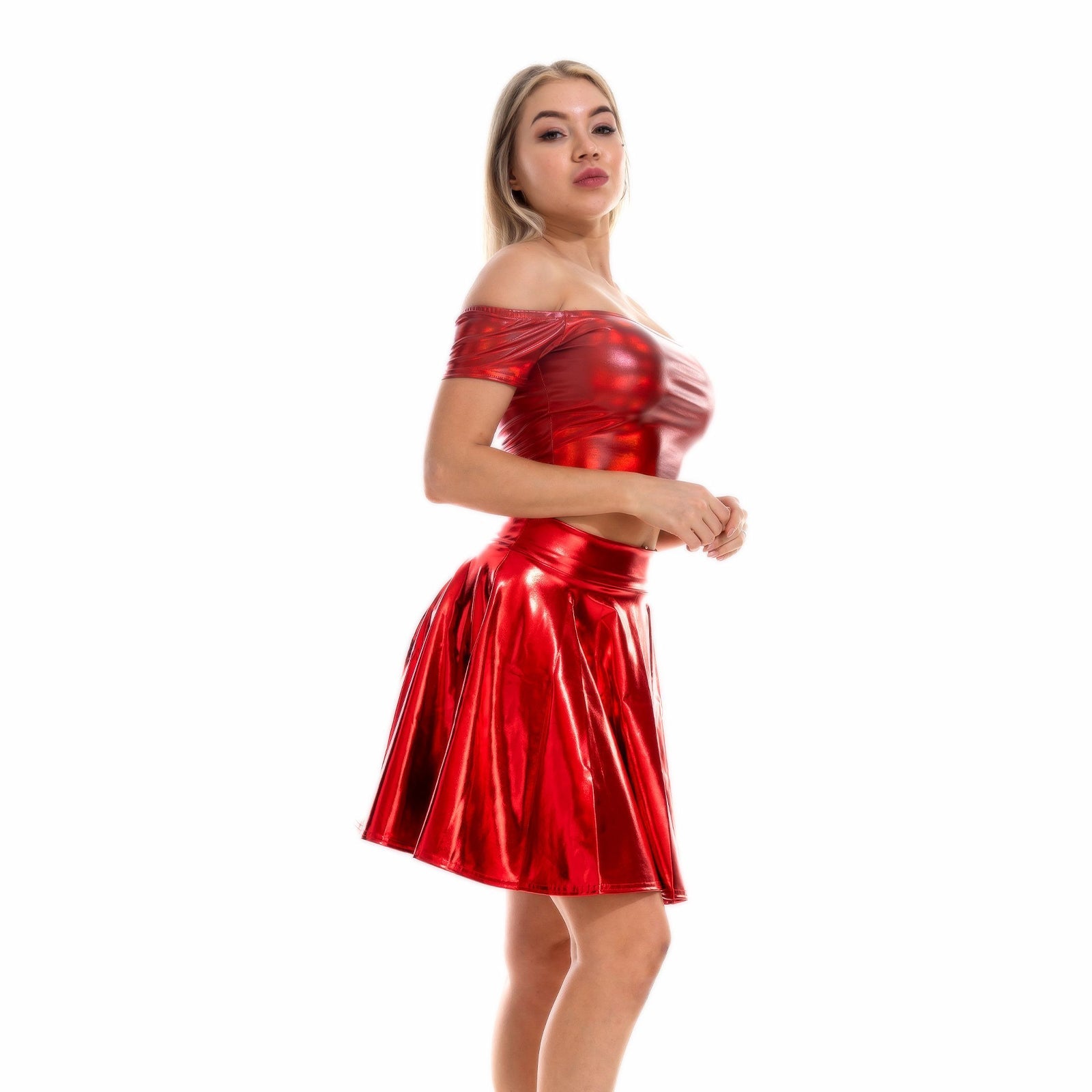 Metallic Skirt Set Girly Holographic Rave Outfits Two Piece Off Shoulder Crop Top and Mini Skirt