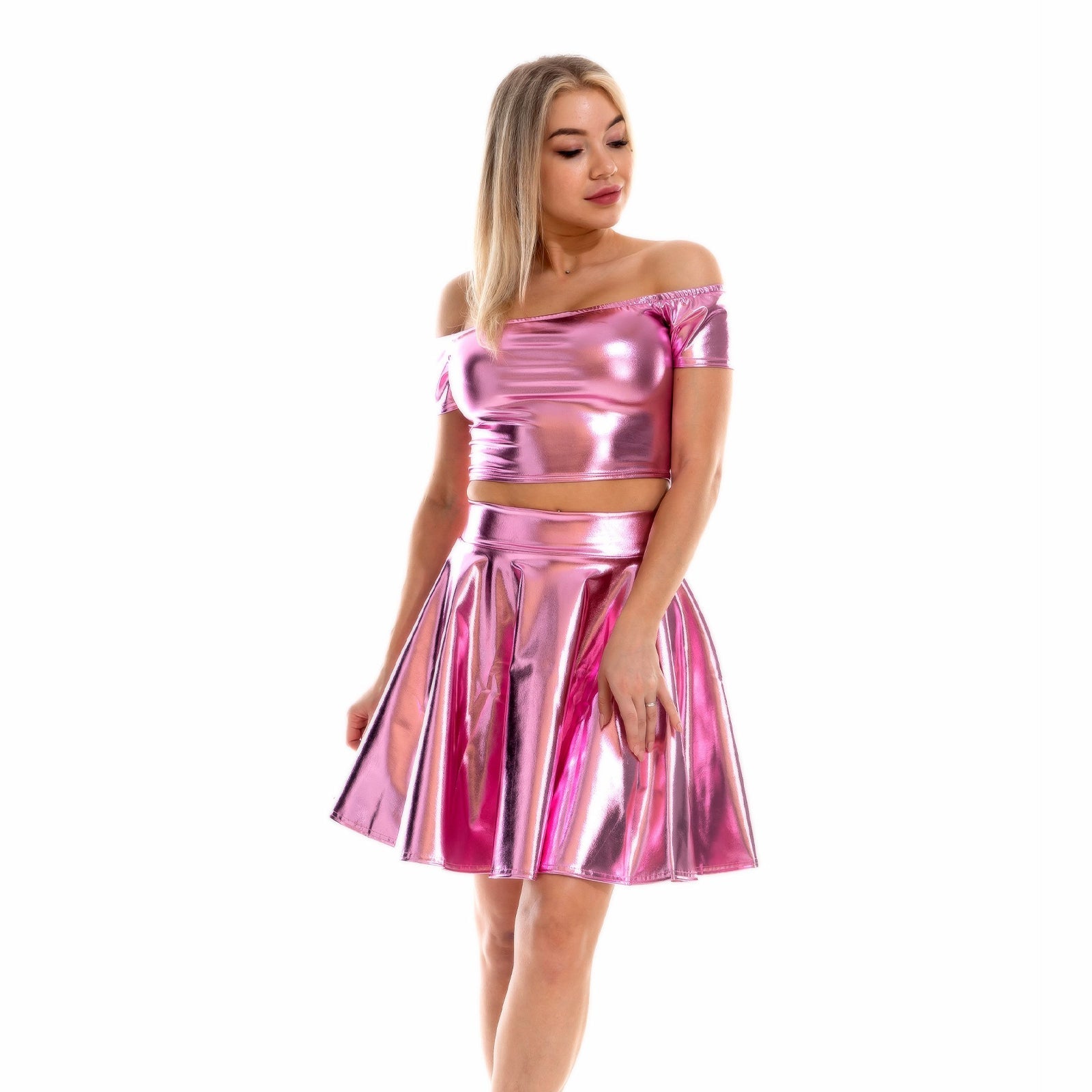 Metallic Skirt Set Girly Holographic Rave Outfits Two Piece Off Shoulder Crop Top and Mini Skirt