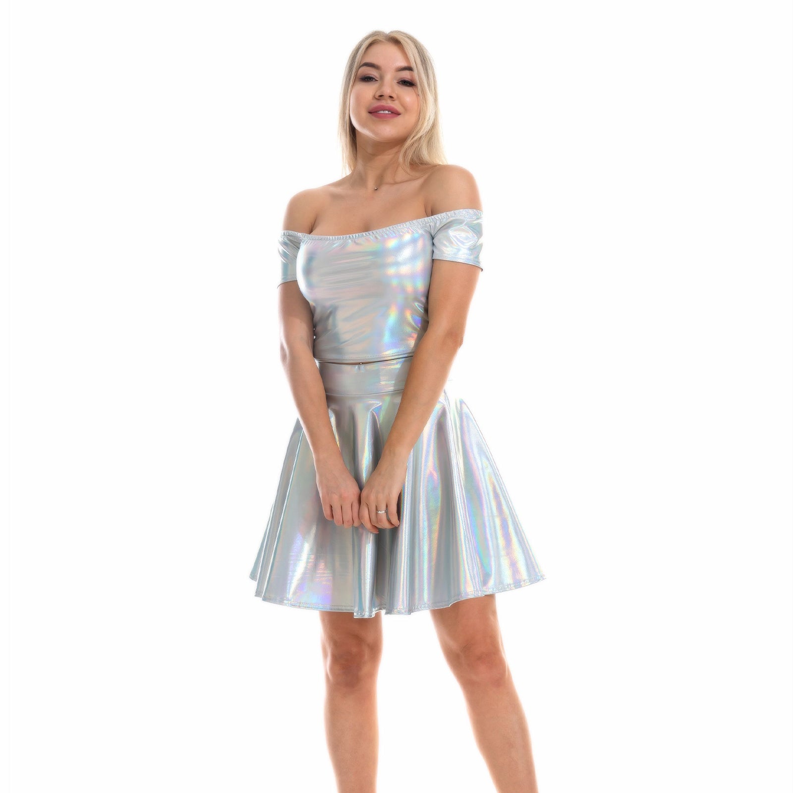 Metallic Skirt Set Girly Holographic Rave Outfits Two Piece Off Shoulder Crop Top and Mini Skirt
