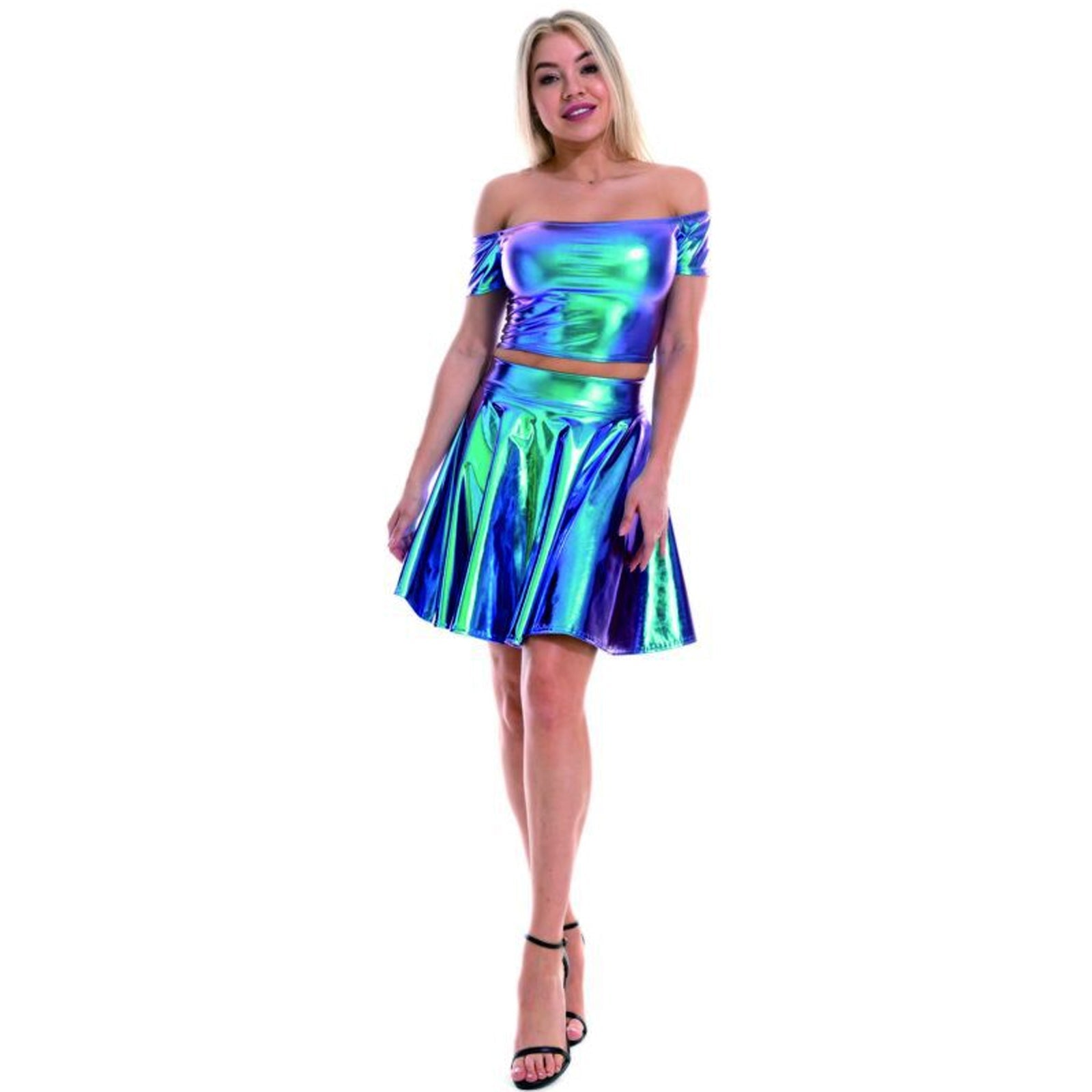 Metallic Skirt Set Girly Holographic Rave Outfits Two Piece Off Shoulder Crop Top and Mini Skirt