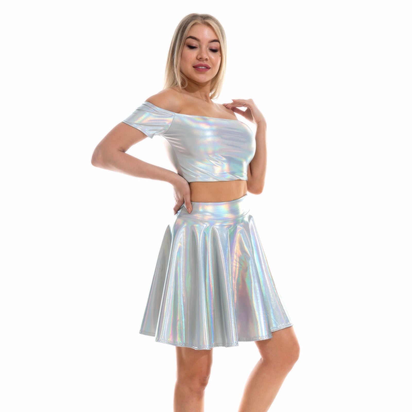 Metallic Skirt Set Girly Holographic Rave Outfits Two Piece Off Shoulder Crop Top and Mini Skirt