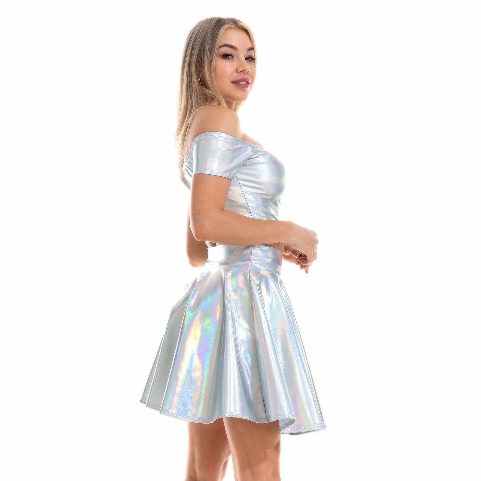 Metallic Skirt Set Girly Holographic Rave Outfits Two Piece Off Shoulder Crop Top and Mini Skirt