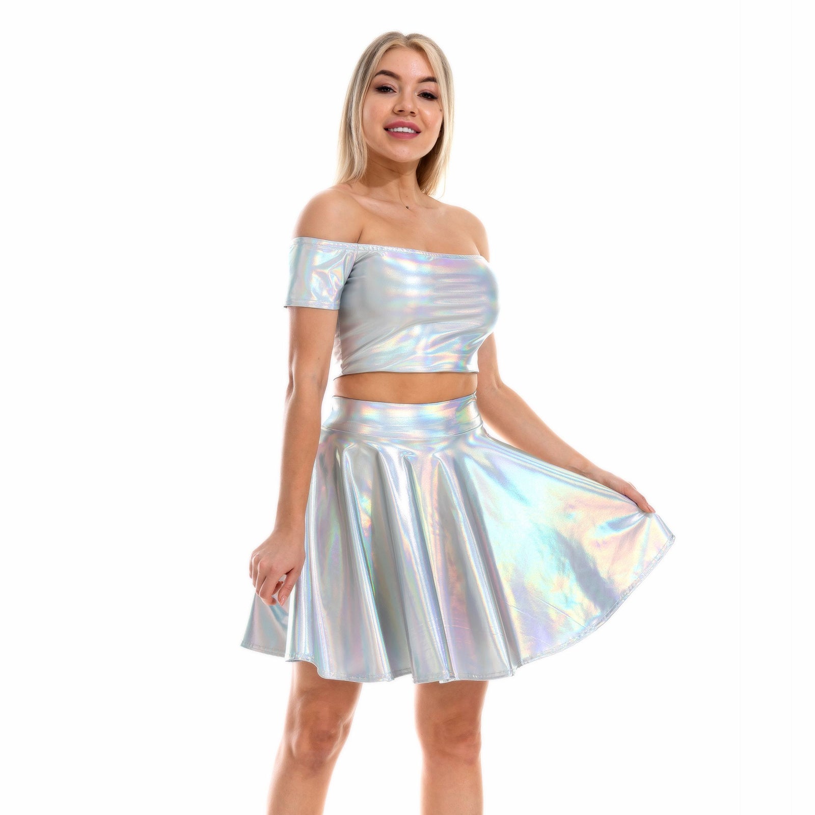 Metallic Skirt Set Girly Holographic Rave Outfits Two Piece Off Shoulder Crop Top and Mini Skirt