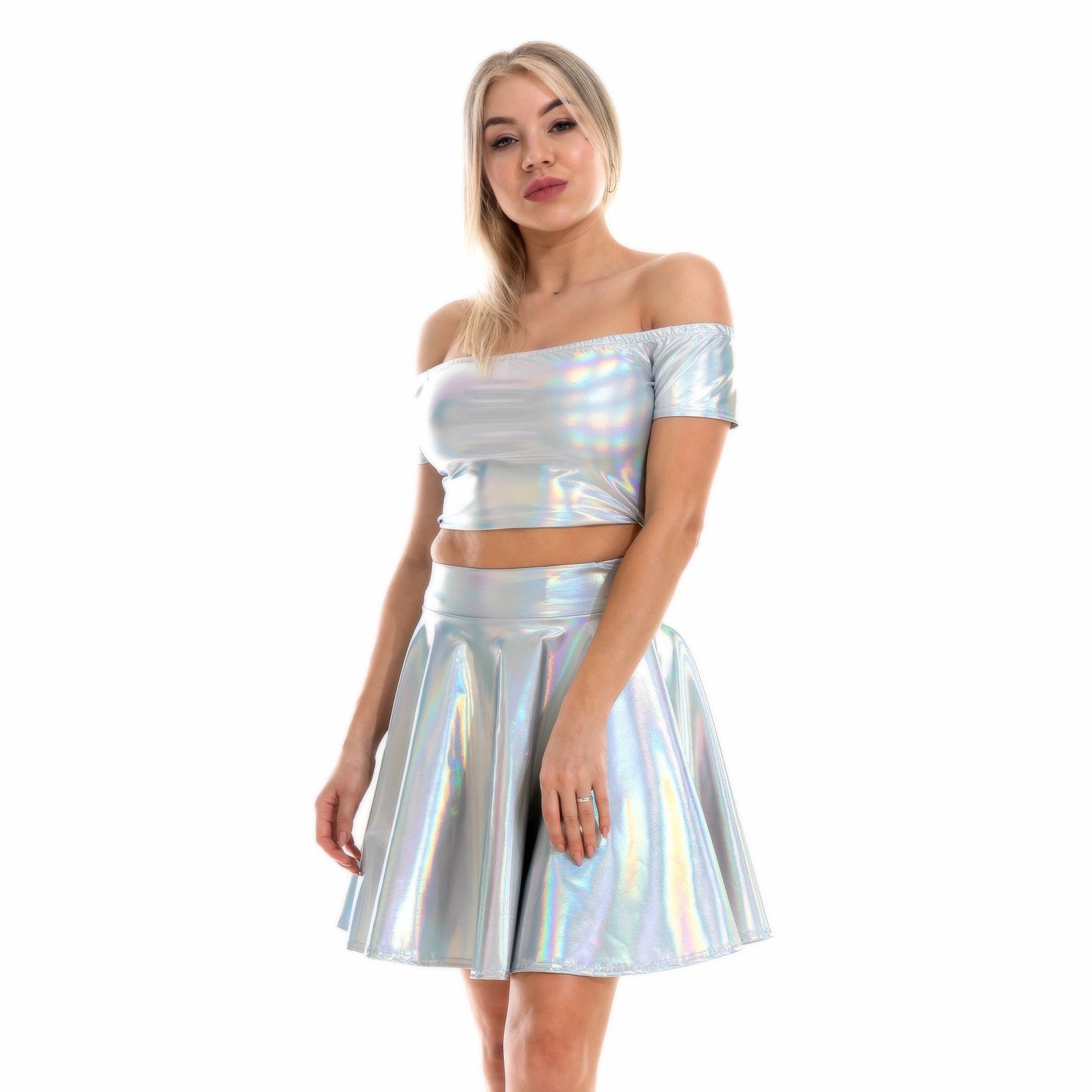 Metallic Skirt Set Girly Holographic Rave Outfits Two Piece Off Shoulder Crop Top and Mini Skirt