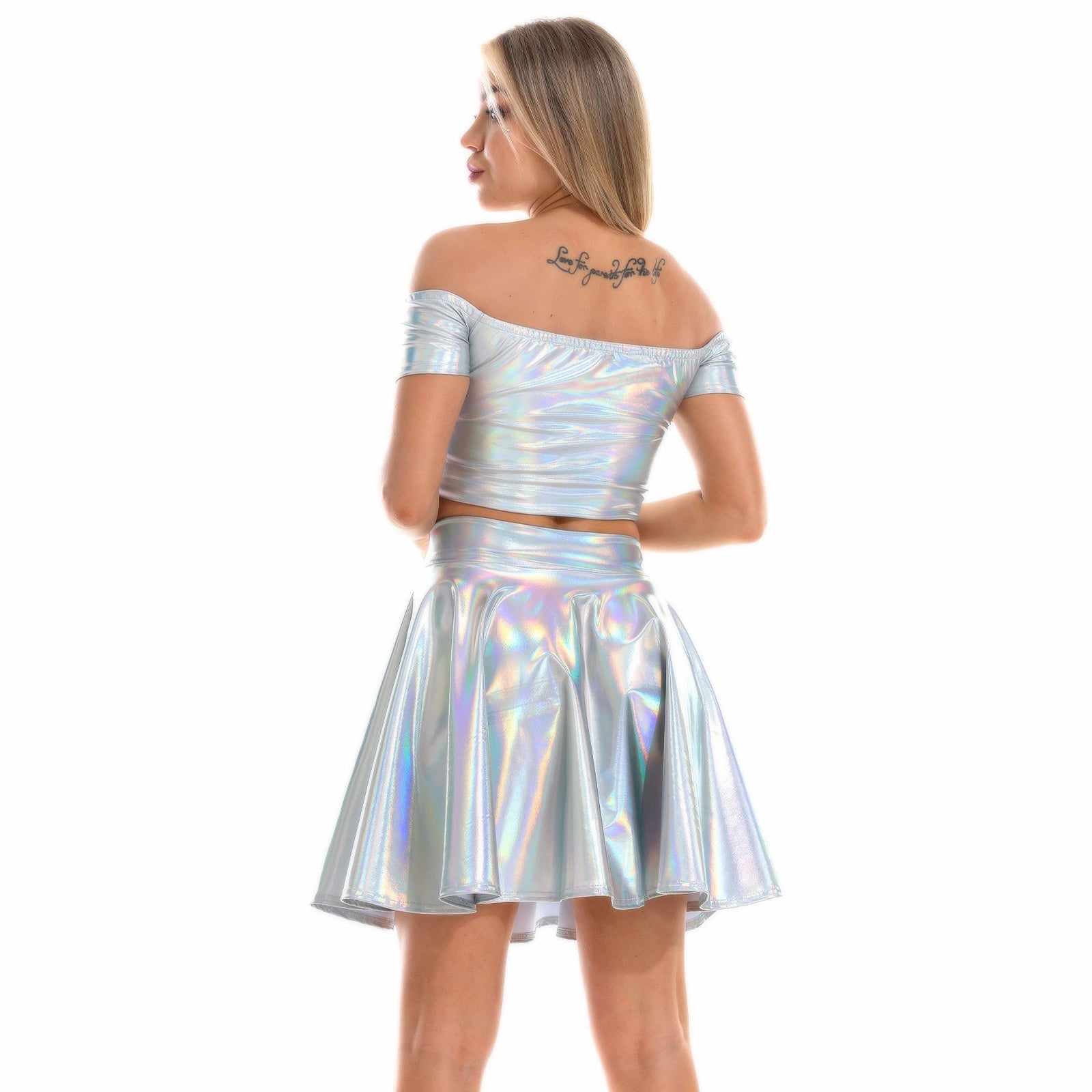 Metallic Skirt Set Girly Holographic Rave Outfits Two Piece Off Shoulder Crop Top and Mini Skirt