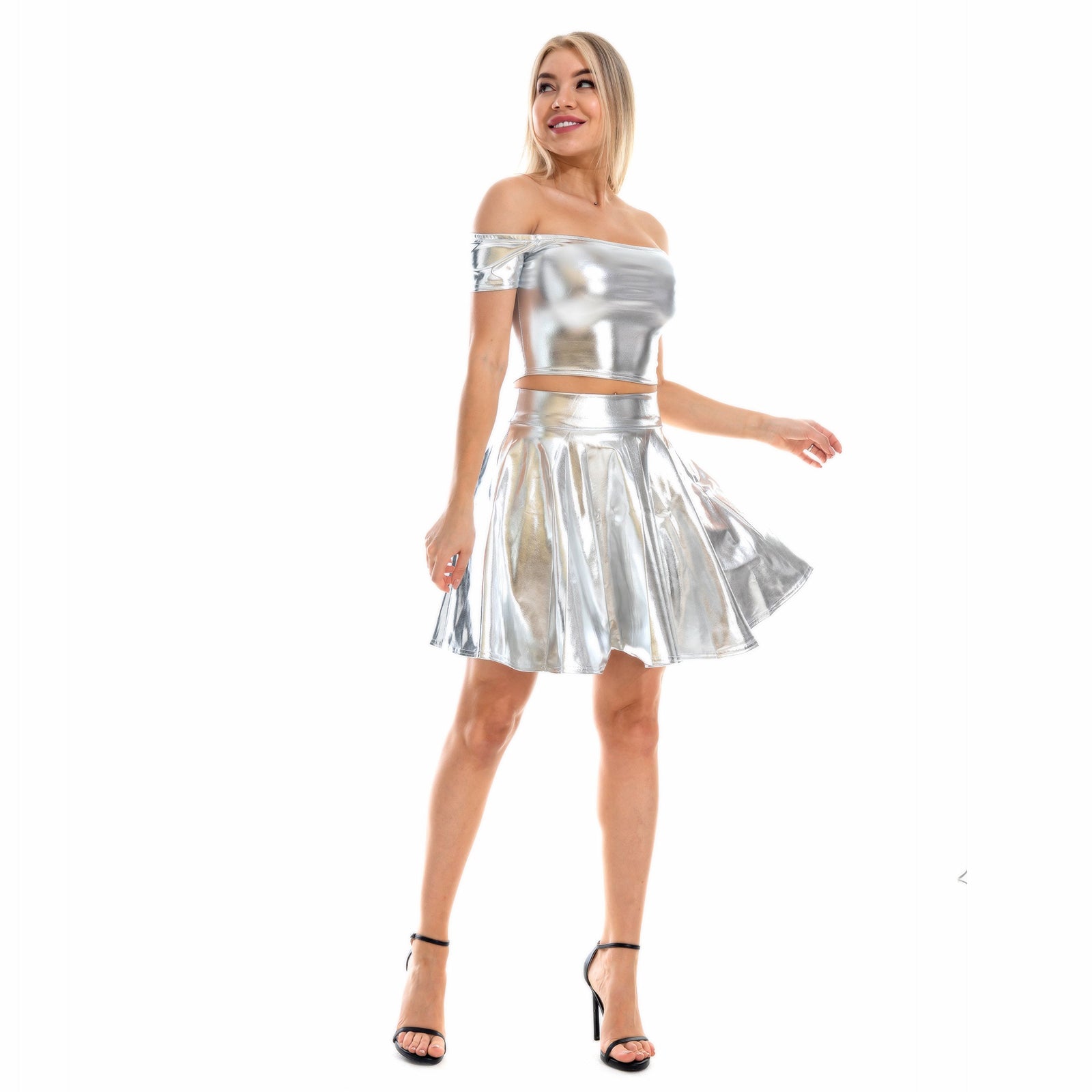 Metallic Skirt Set Girly Holographic Rave Outfits Two Piece Off Shoulder Crop Top and Mini Skirt