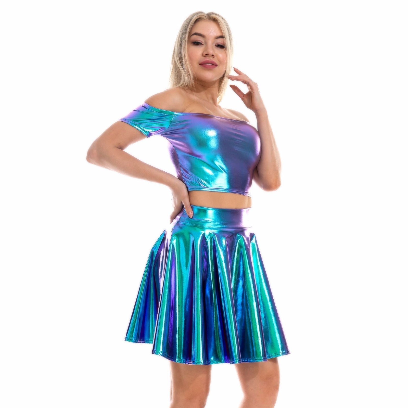Metallic Skirt Set Girly Holographic Rave Outfits Two Piece Off Shoulder Crop Top and Mini Skirt