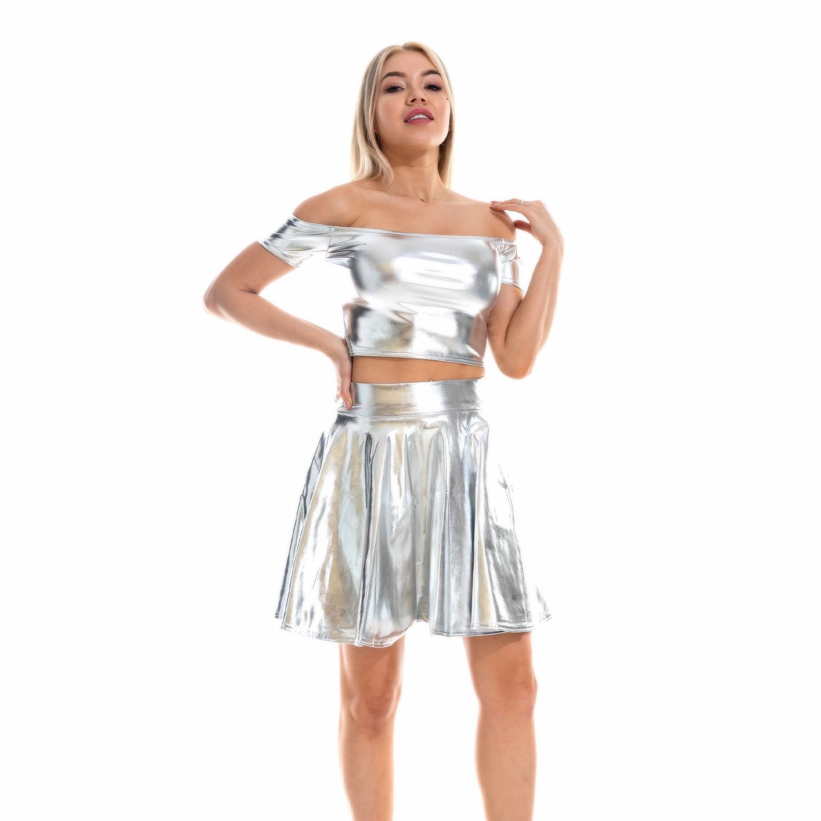 Metallic Skirt Set Girly Holographic Rave Outfits Two Piece Off Shoulder Crop Top and Mini Skirt