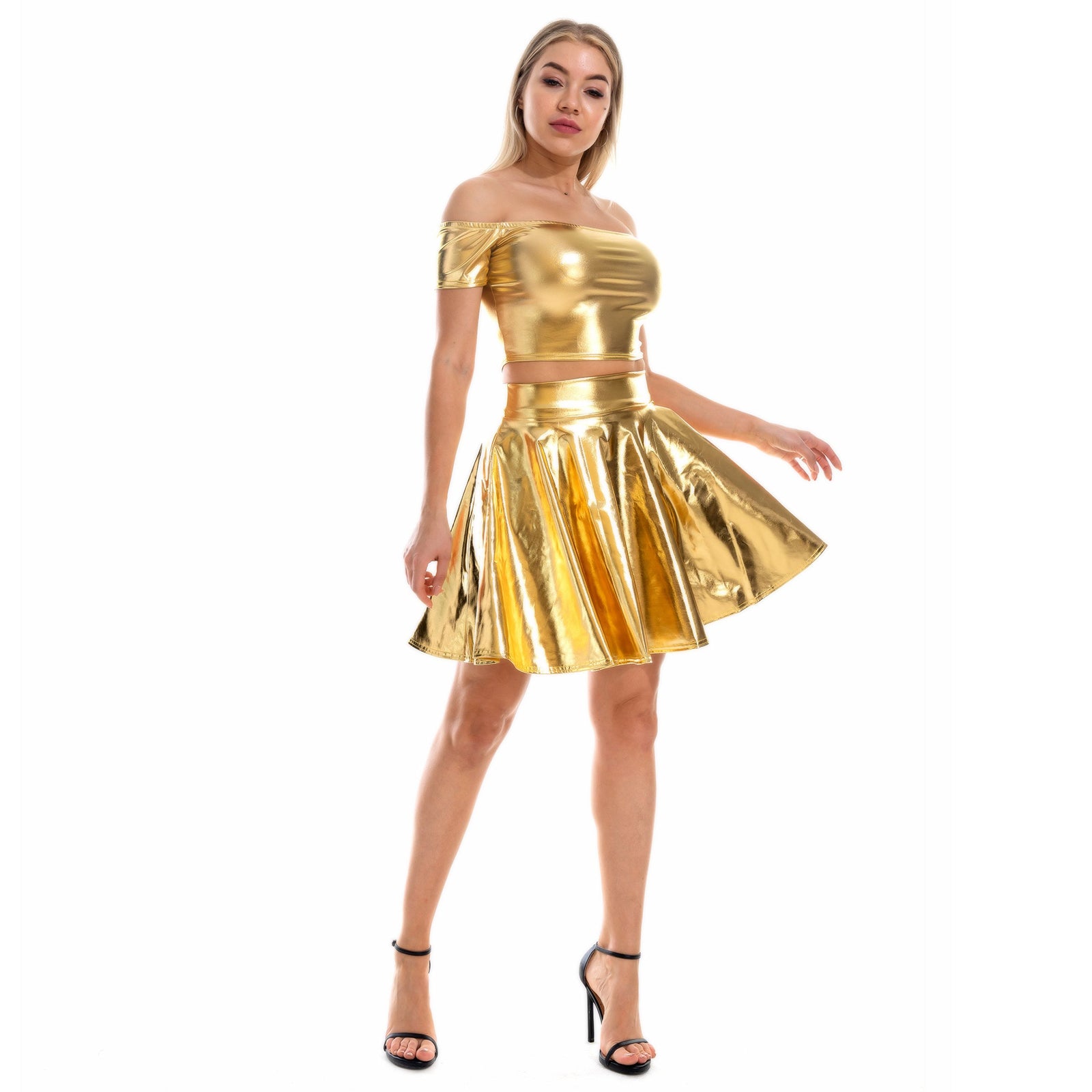 Metallic Skirt Set Girly Holographic Rave Outfits Two Piece Off Shoulder Crop Top and Mini Skirt