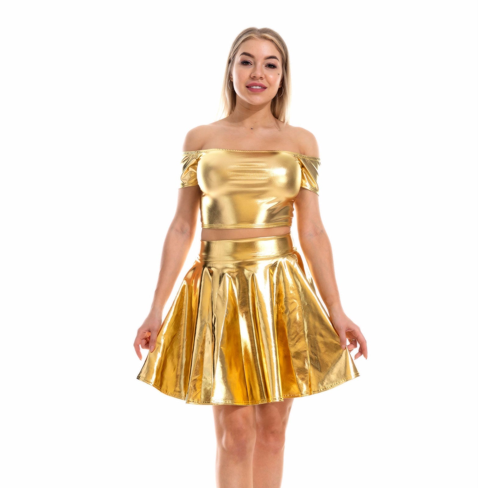 Metallic Skirt Set Girly Holographic Rave Outfits Two Piece Off Shoulder Crop Top and Mini Skirt