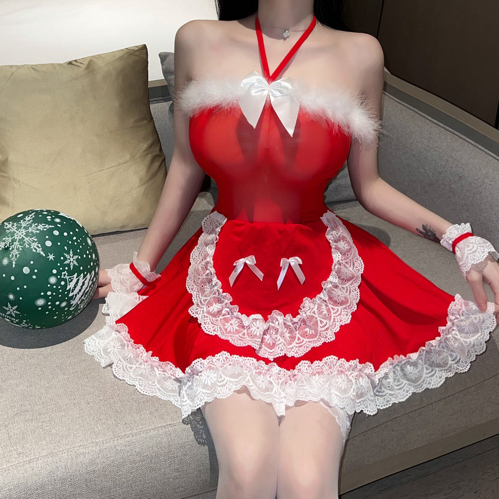 Miss Santa Claus Cosplay Outfit Red Christmas Babydoll Dress X-mas Maid Costume