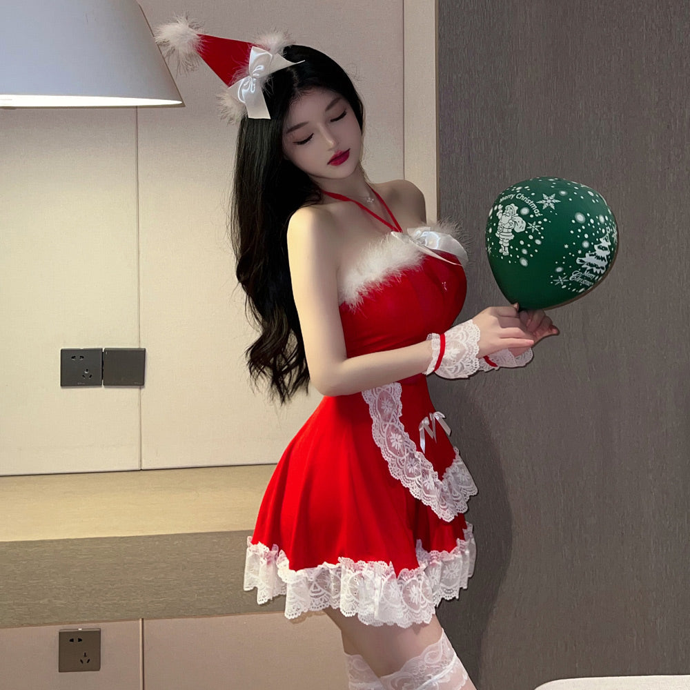Miss Santa Claus Cosplay Outfit Red Christmas Babydoll Dress X-mas Maid Costume