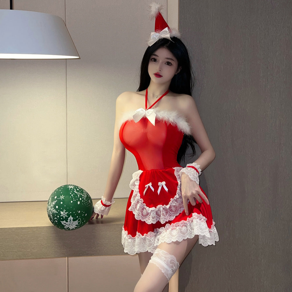 Miss Santa Claus Cosplay Outfit Red Christmas Babydoll Dress X-mas Maid Costume
