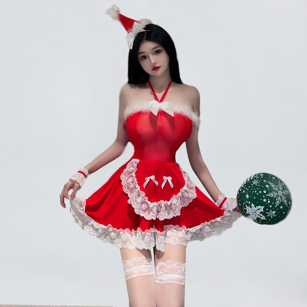 Miss Santa Claus Cosplay Outfit Red Christmas Babydoll Dress X-mas Maid Costume