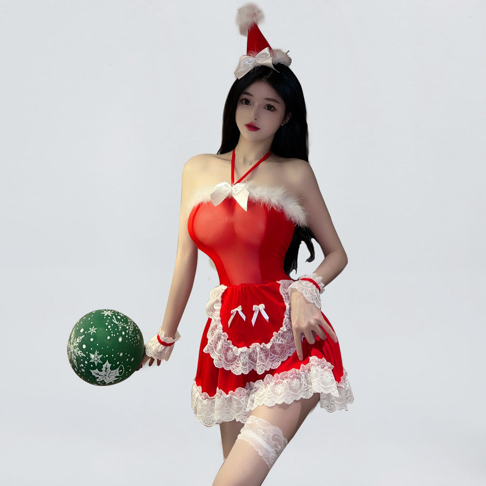 Miss Santa Claus Cosplay Outfit Red Christmas Babydoll Dress X-mas Maid Costume