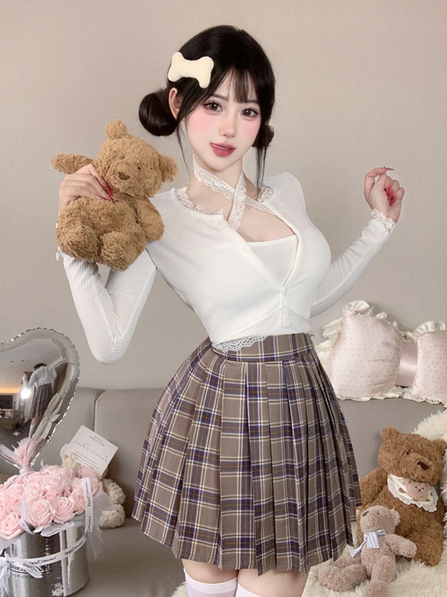 Three-Piece Knit Top and Plaid Pleated Skirt