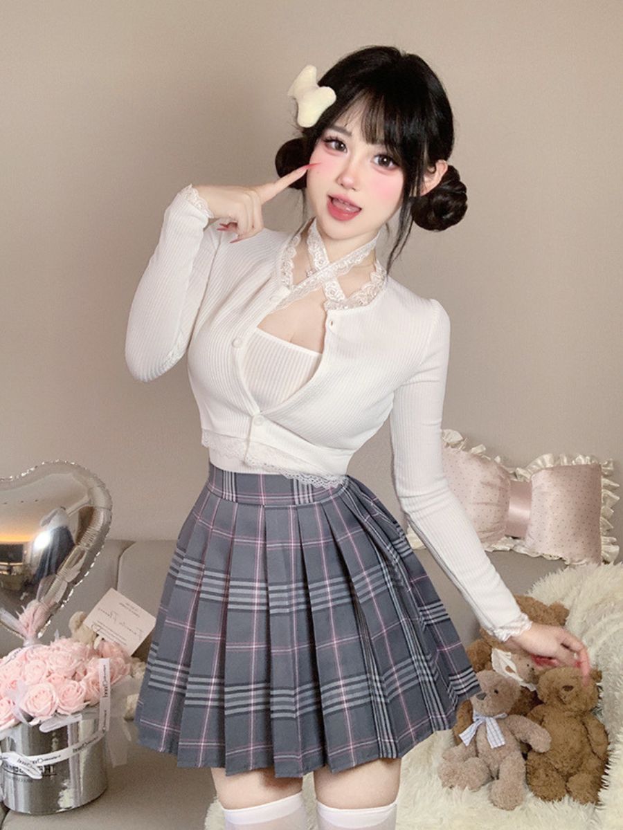 Three-Piece Knit Top and Plaid Pleated Skirt