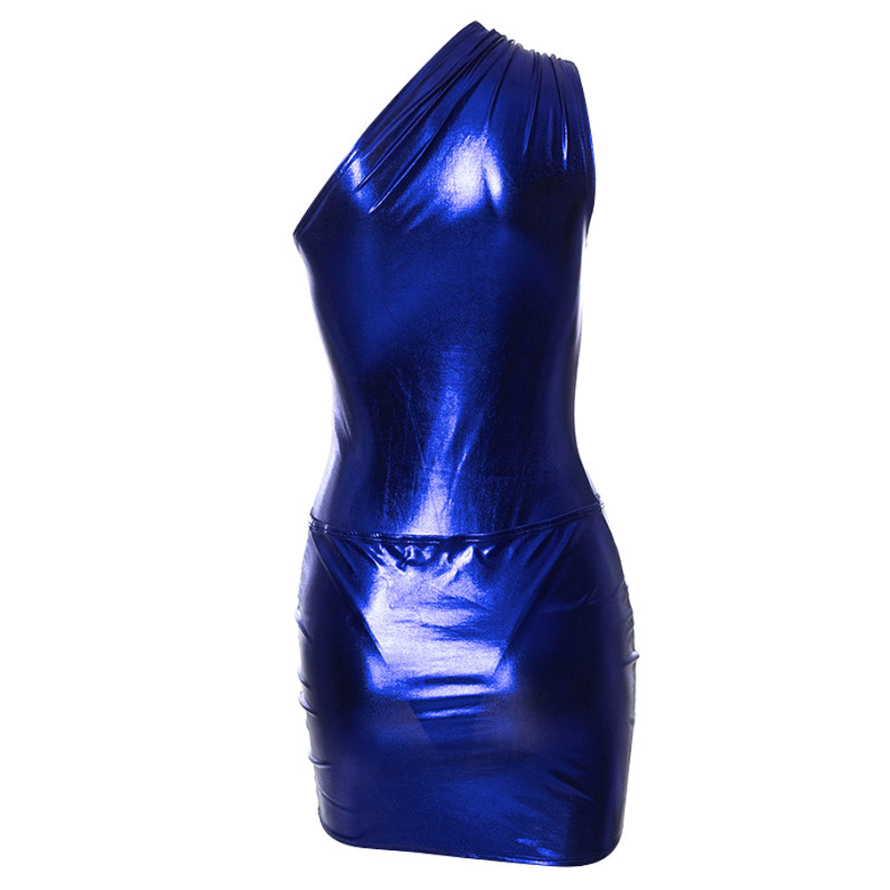 Metallic Skirt Set Two Piece One Shoulder Bodysuit and Twist Mini Skirt Shiny Nightclub Set