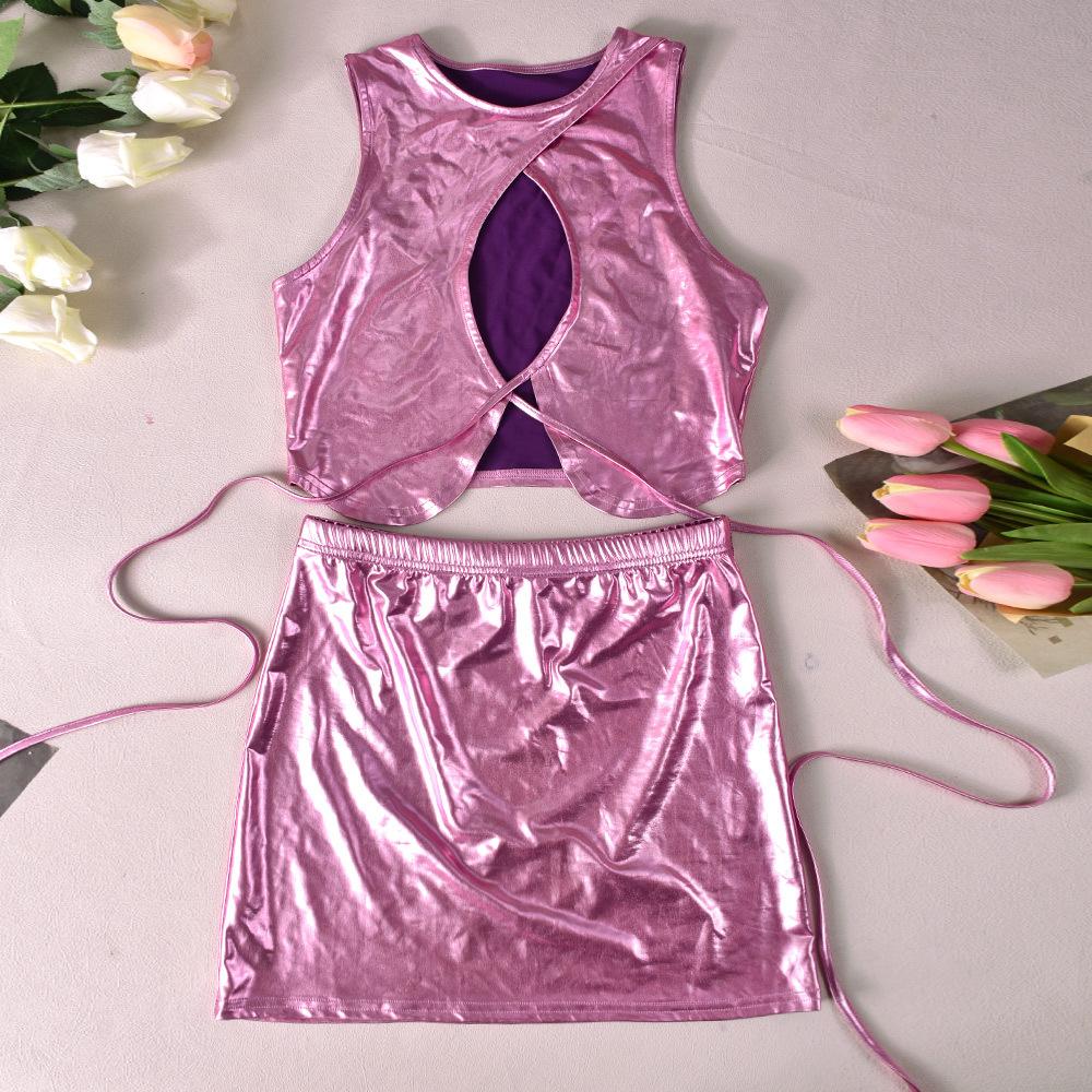 Pink Metallic Skirt Set Shiny Two Piece Rave Outfit Sleeveless Crop Top and Mini Skirt