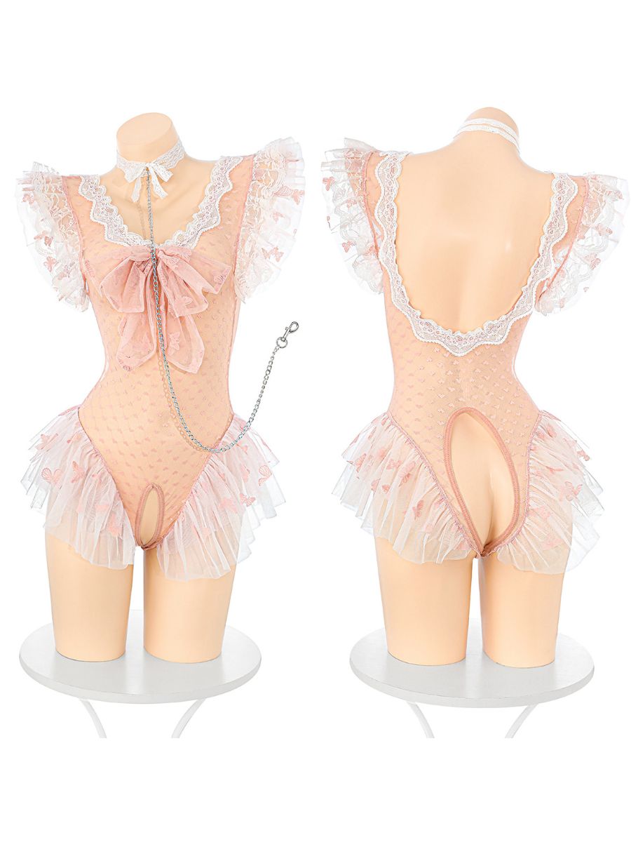 Pink Mesh Ruffle Crotchless Teddy Lingerie
