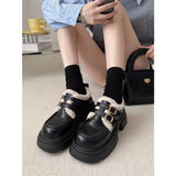 Platform Chunky Heel Buckled Fleece-Lined Mary Jane Shoes