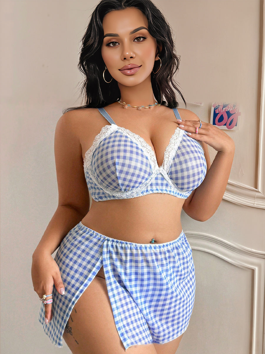 Plus Size Gingham Bra and Skirt Set
