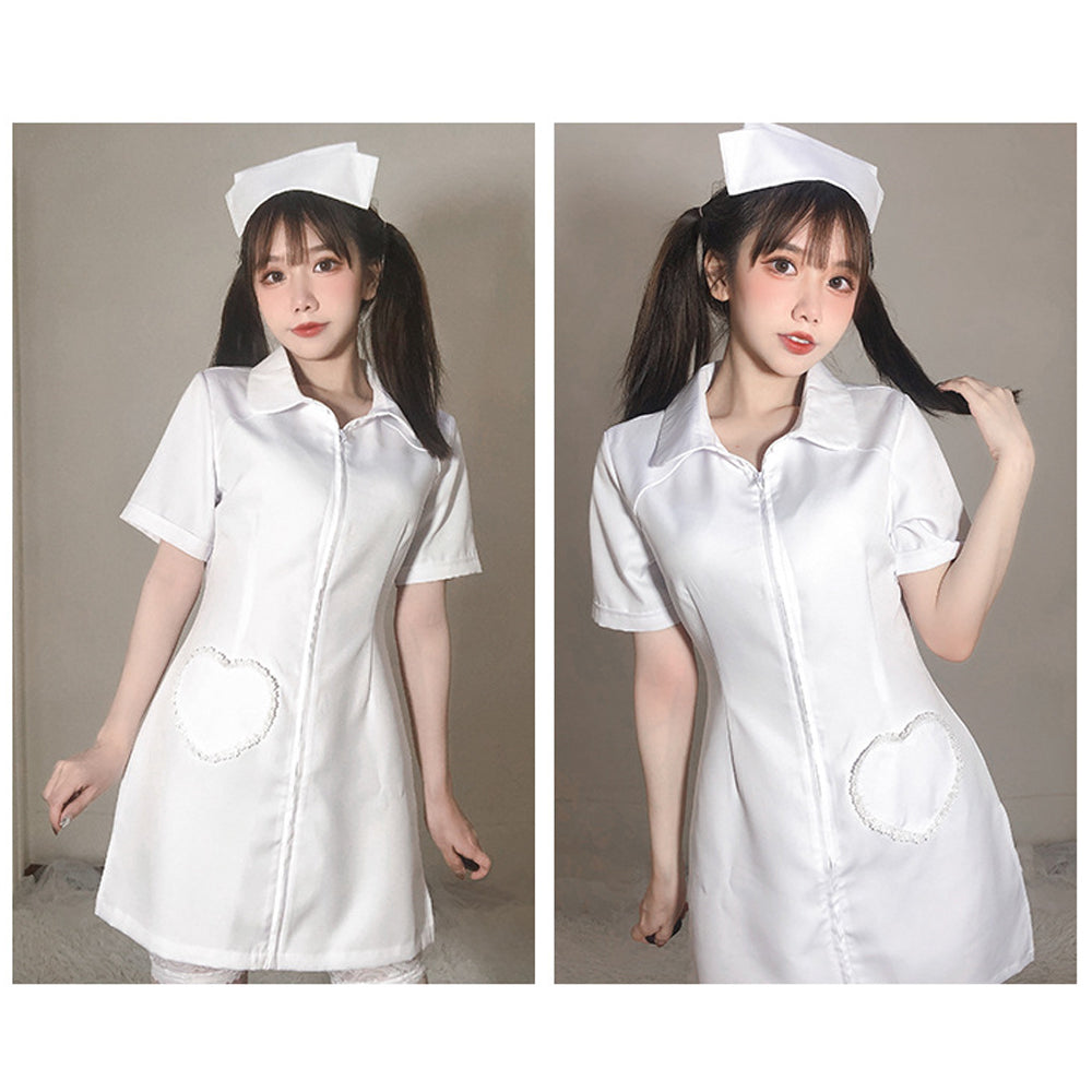 Plus Size Nurse Cosplay Costume White Zip Front Nurse Dress Uniform