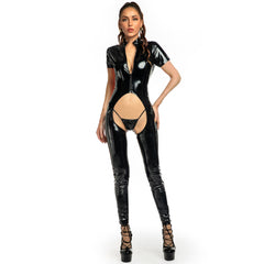 Plus Size Crotchless Catsuit Short Sleeve Latex Jumpsuit One Piece Zip Up Bodysuit