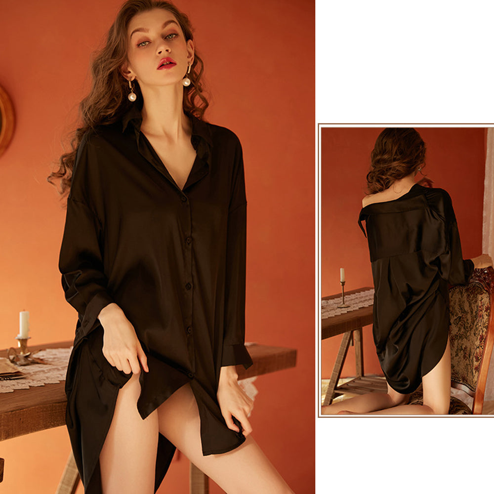 Women's Button Up Solid Nightshirt Long Sleeve Lapel Collar Nightie