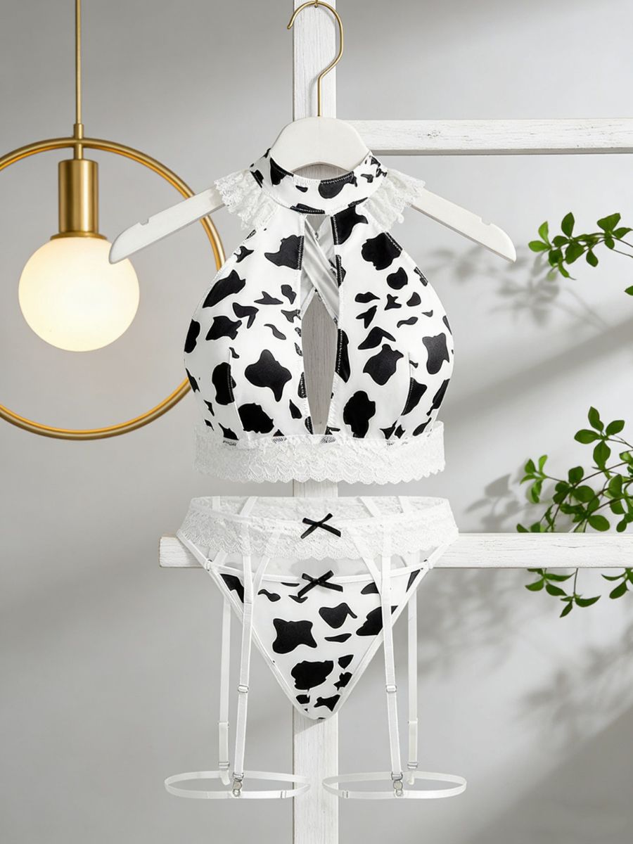 Plus Size Cow Print Garter Lingerie Set