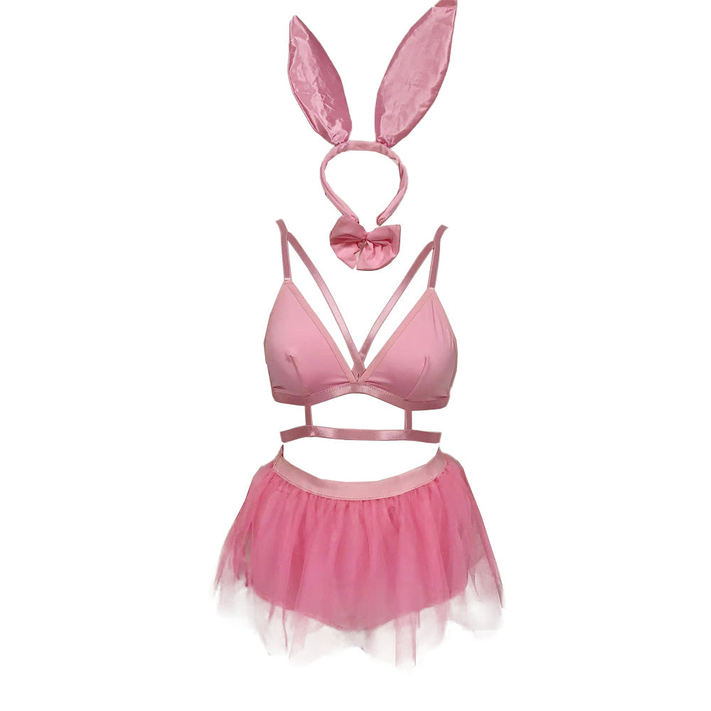 Playboy Bunny Lingerie Costume Micro Bra and Mesh Mini Skirt Cosplay Outfit