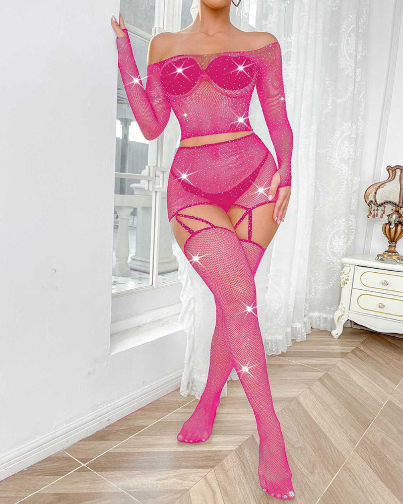 Rhinestone Fishnet Long-Sleeved Skirt Set
