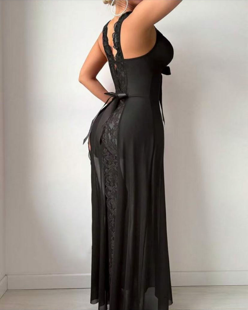 Deep V-neck High Slit Lace See-through Long Nightgown