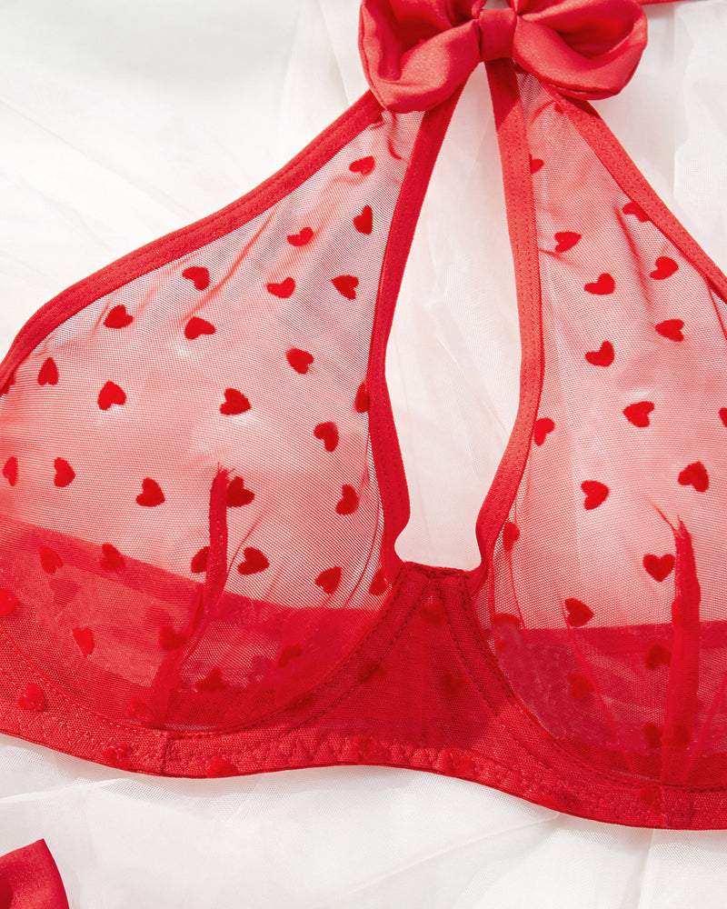 Halter-neck Heart-shaped Sheer Mesh Bowknot Decoration Lingerie Set