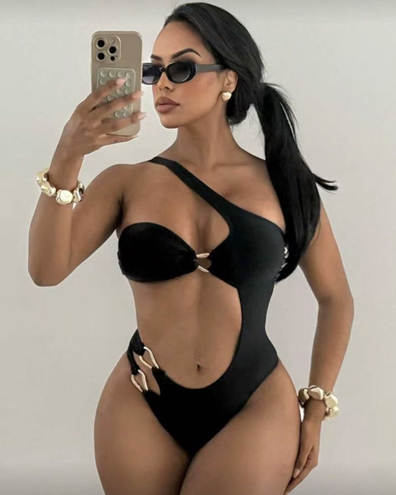 Off-shoulder Cutout Backless Solid Color One-piece Swimsuit