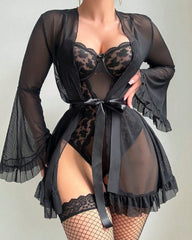 Lace Slip Dress Mesh See-through Tie-up Robe Loungewear Set
