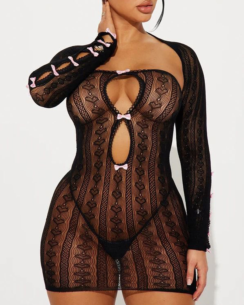 Stretch Knit Openwork Bow-decorated Strapless Bodycon Dress and Long-sleeved Cover-up Set