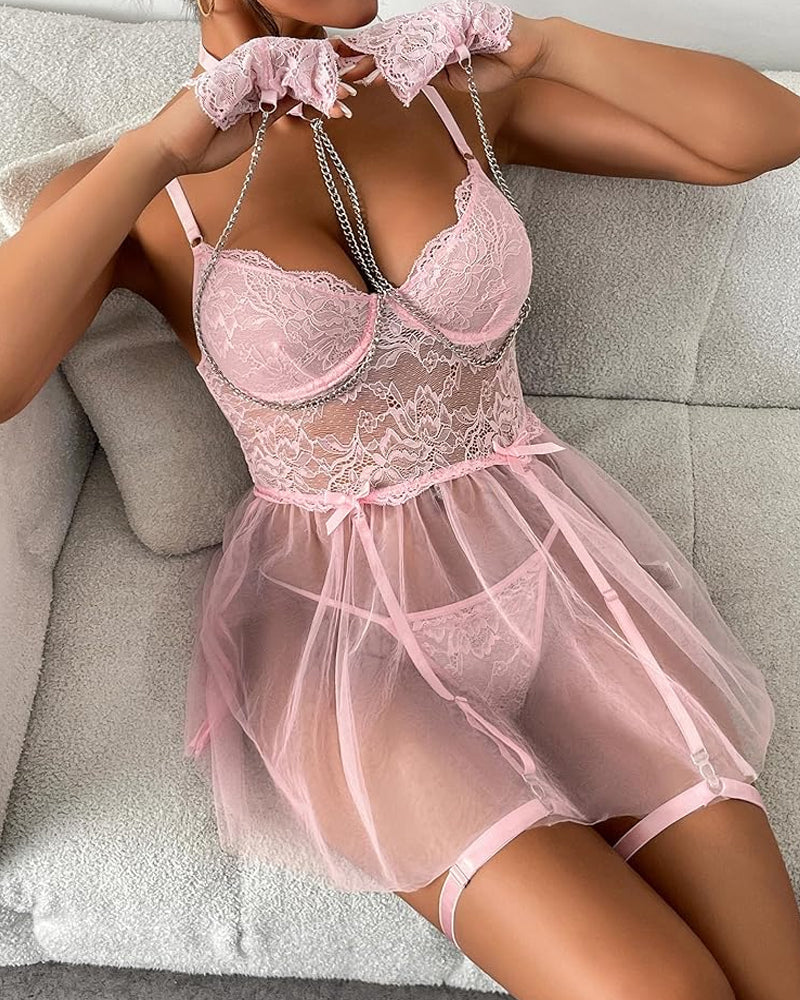 Lace Sheer Mesh Chemise and Thong Lingerie Set