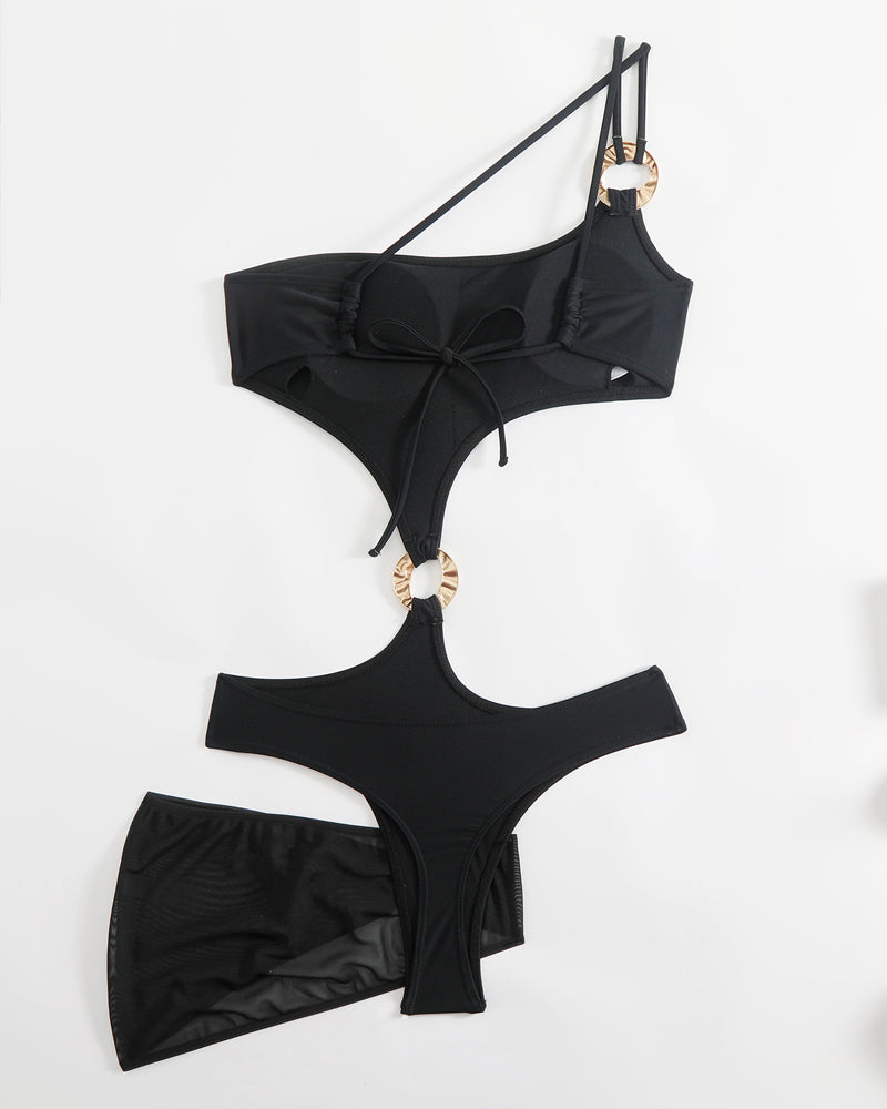 One-shoulder Solid Color One-piece Swimsuit and Cover-up Set