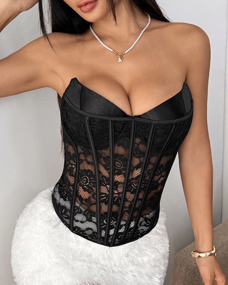 Floral Lace Sheer Mesh Paneling Strapless Boning Top