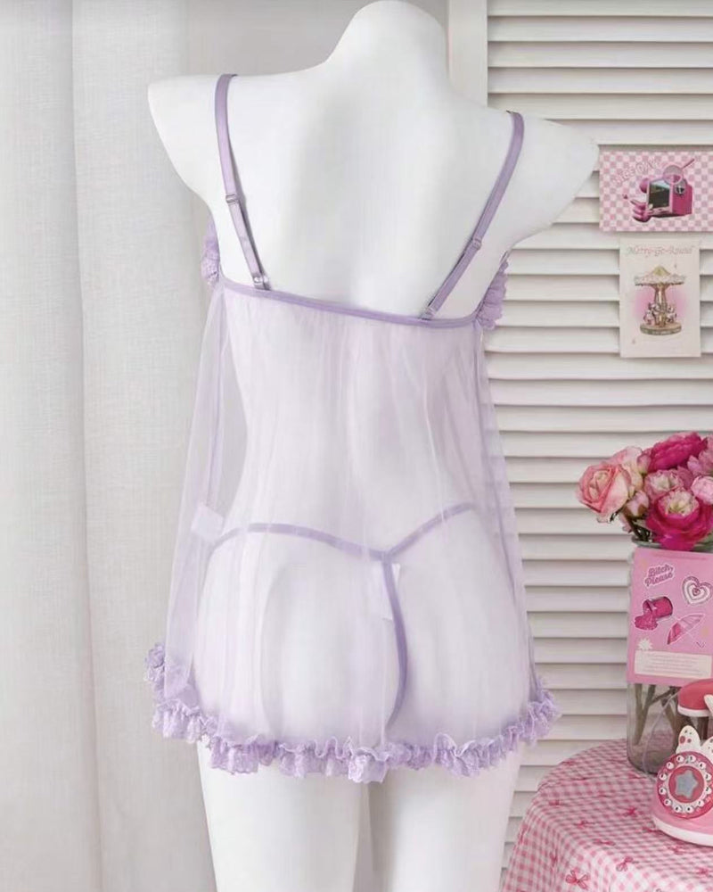 Lace Mesh See-through Slip Dress Lingerie Set