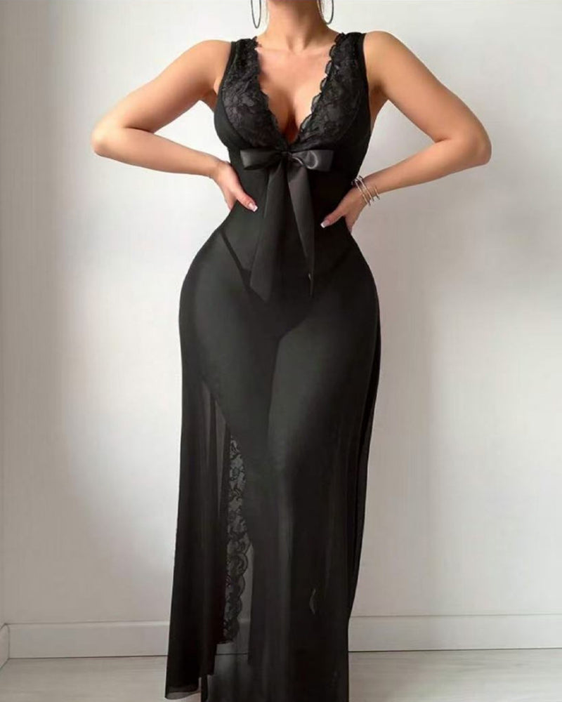 Deep V-neck High Slit Lace See-through Long Nightgown