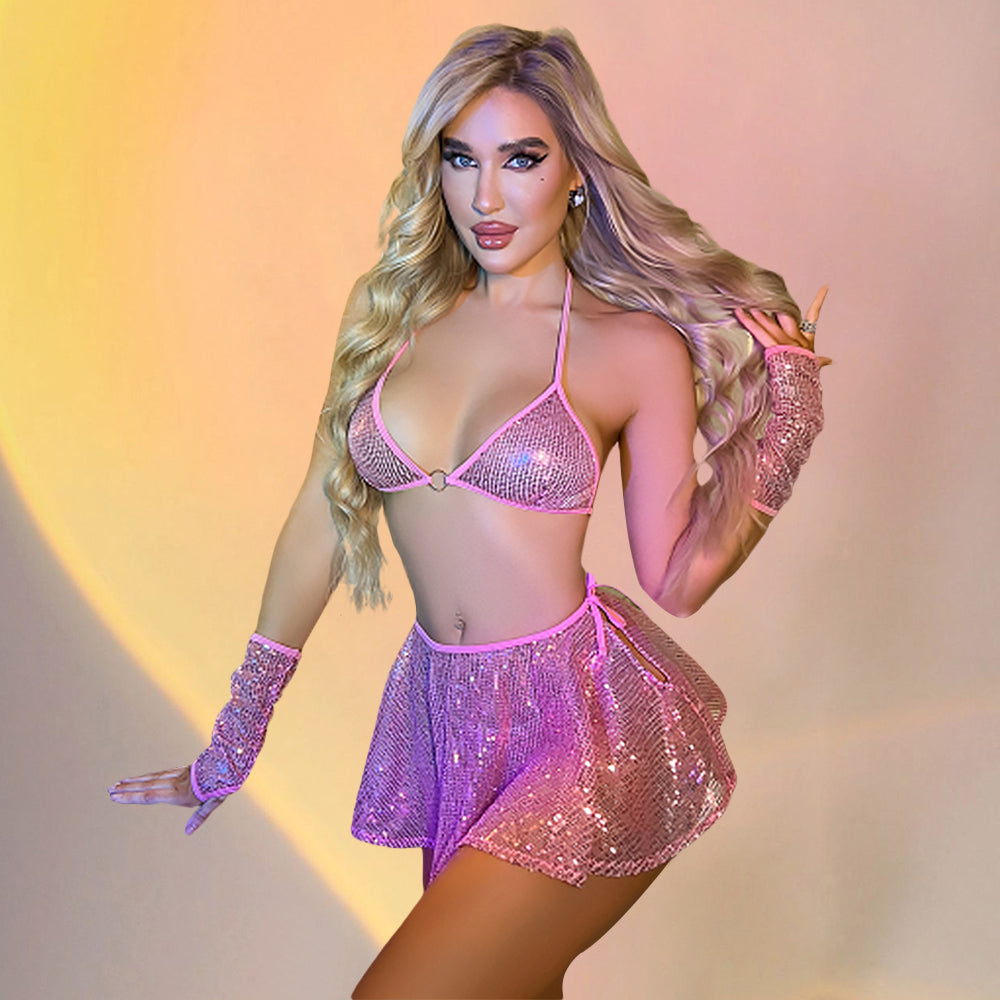 Sequin Skirt Sets Striper Outfits Glitter Halter Triangle Bra and Thong Set