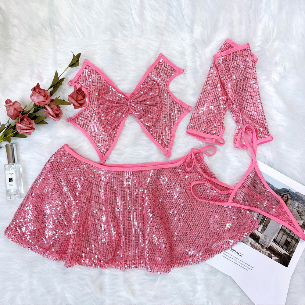 Sequin Skirt Sets Striper Outfits Glitter Halter Triangle Bra and Thong Set
