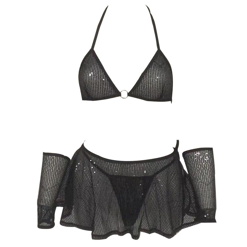 Sequin Skirt Sets Striper Outfits Glitter Halter Triangle Bra and Thong Set
